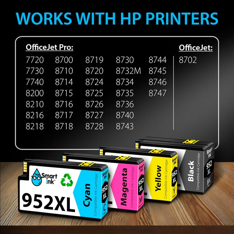 الحبر الذكي خرطوشة حبر متوافقة من Smart Ink لـ HP 952 XL، مجموعة من 4 خرطوشات، تتميز بتقنية شريحة متقدمة، ويمكن استخدامها مع طابعات OfficeJet 8702، OfficeJet Pro 7720، 7740، 8210، 8216، 8710، 8715، 8720، 8725، 8727، 8728، 8730، 8732M، 8740. - Image 3