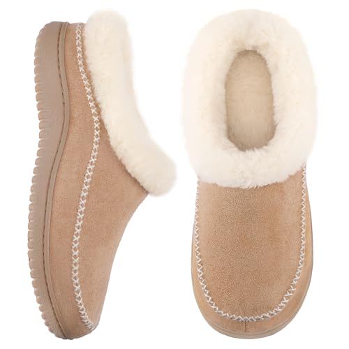 Zigzagger Women's Moccasin Slip-On Fuzzy Slippers - House Shoes Indoor Outdoor with Microsuede & Fluffy Fur Fleece, Cozy Warm Comfy Memory-Foam Loafer (Sand, Size 9) - Image 1