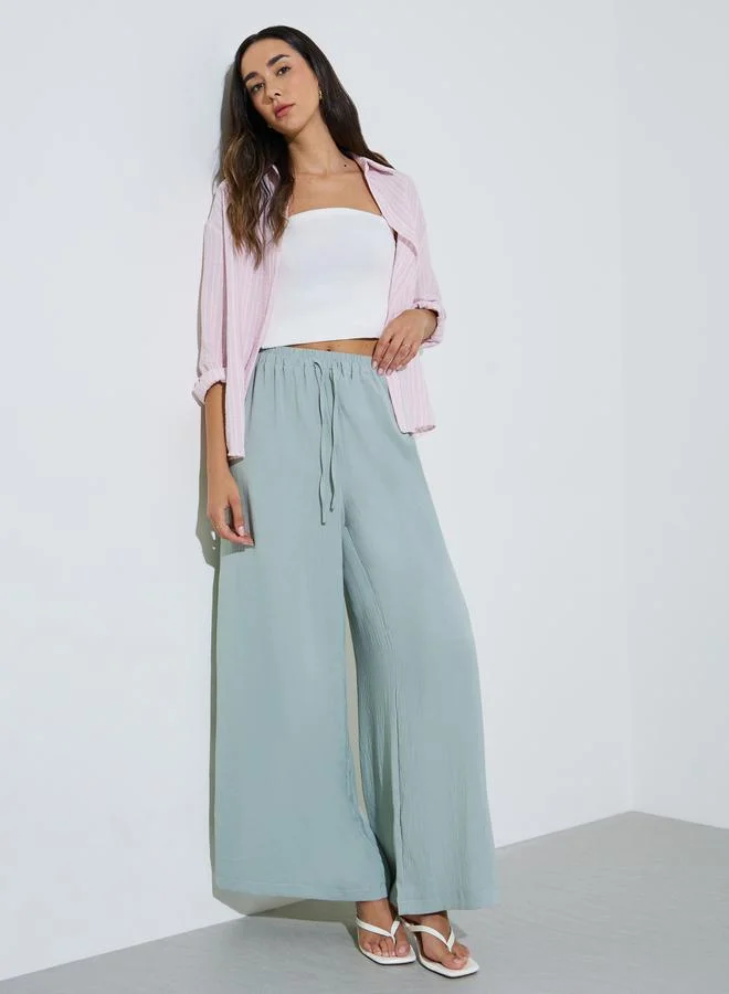 Styli Blue Solid Drawstring Waist Wide Leg Pants