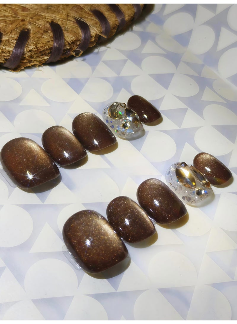 LauraTheBeauty 10 Pcs Rhinestone Nail Art False Nails Short Square Nails Press on Nails with Wearing Tools - Image 1