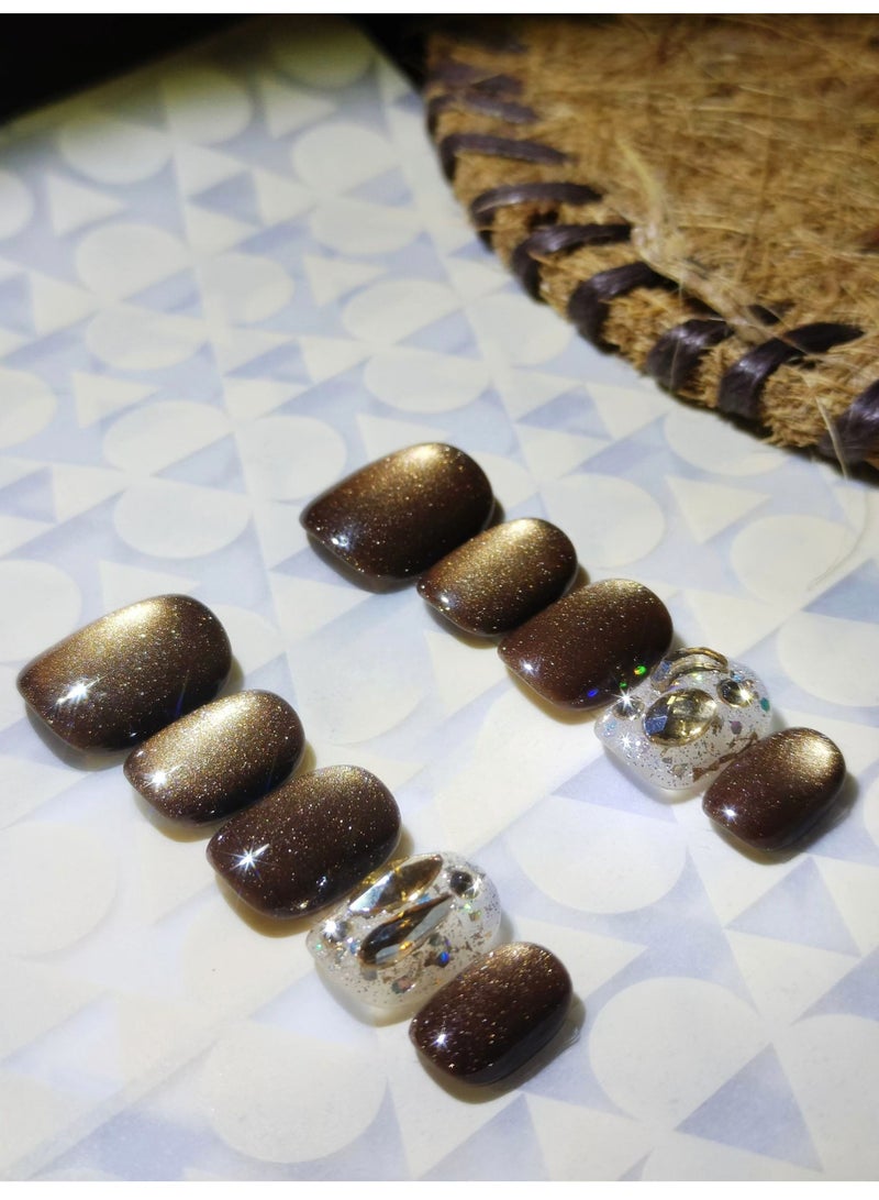 LauraTheBeauty 10 Pcs Rhinestone Nail Art False Nails Short Square Nails Press on Nails with Wearing Tools - Image 5