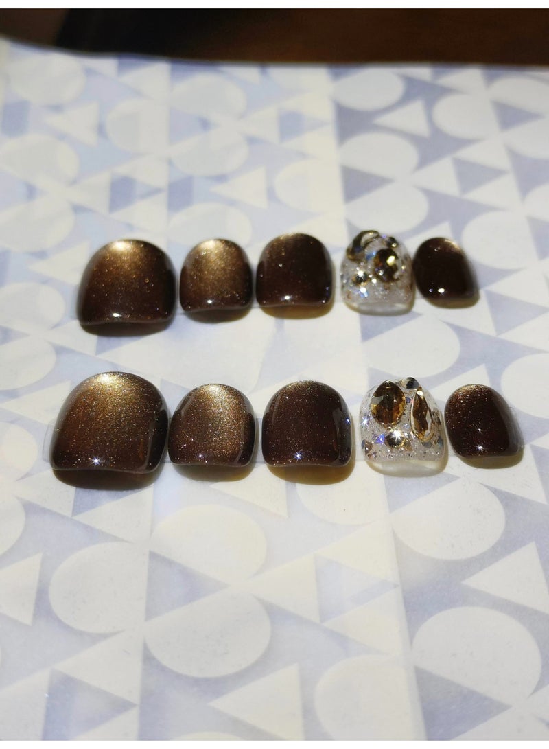 LauraTheBeauty 10 Pcs Rhinestone Nail Art False Nails Short Square Nails Press on Nails with Wearing Tools - Image 3