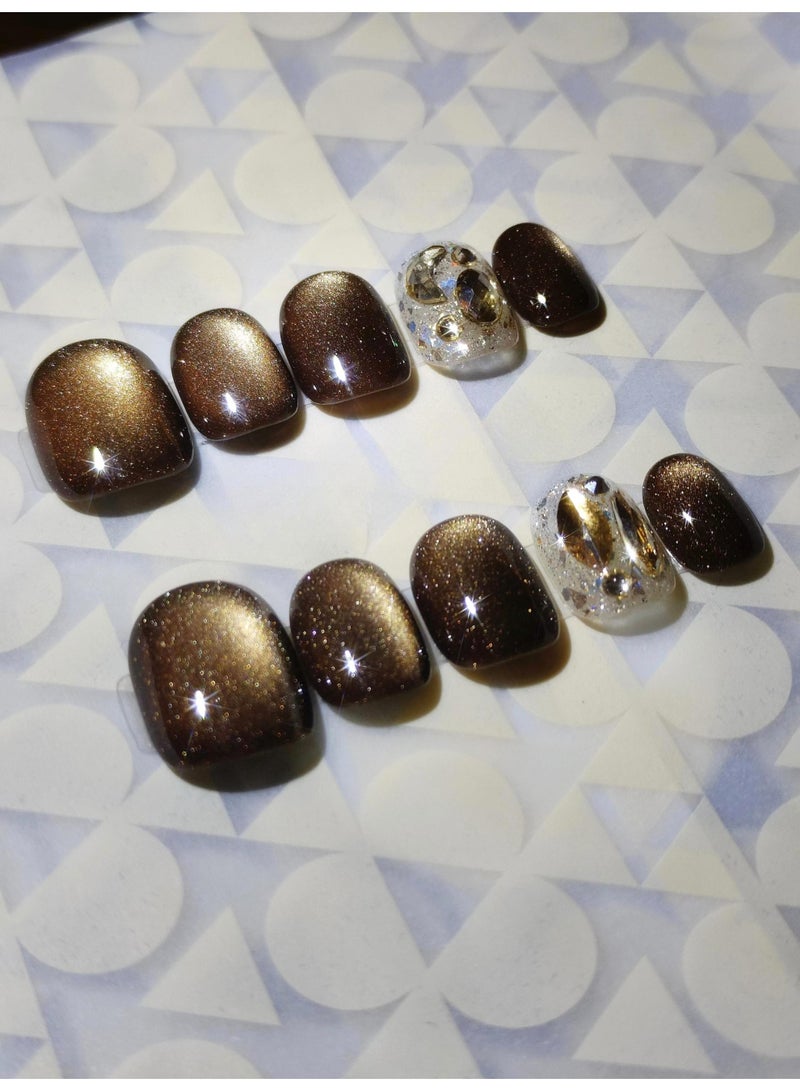 LauraTheBeauty 10 Pcs Rhinestone Nail Art False Nails Short Square Nails Press on Nails with Wearing Tools - Image 4