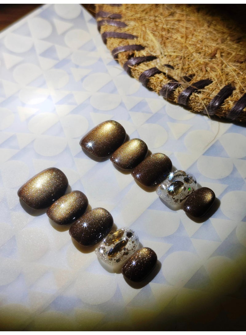 LauraTheBeauty 10 Pcs Rhinestone Nail Art False Nails Short Square Nails Press on Nails with Wearing Tools - Image 2