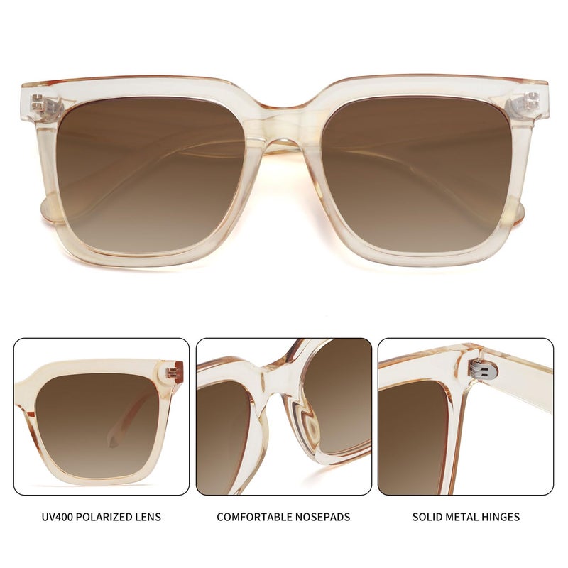 Fozono Large Square Sunglasses Trendy Polarized Sunglasses for Women Men Classic Retro Style UV400 Protection Light Brown - Image 4