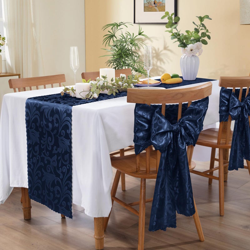 MILVOWOC 4 Pack Navy Blue Damask Table Runner, 12 x 72 Inch Satin Jacquard Rectangle Decorative Table Runner for Party Banquet Birthday Dinner Wedding Table Decor - Image 5
