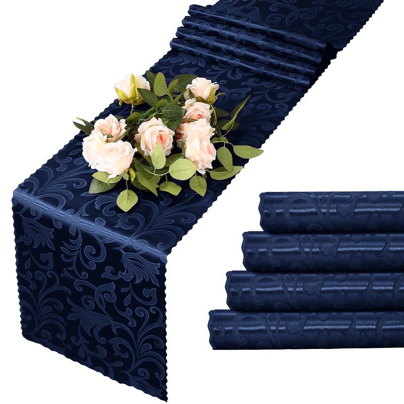MILVOWOC 4 Pack Navy Blue Damask Table Runner, 12 x 72 Inch Satin Jacquard Rectangle Decorative Table Runner for Party Banquet Birthday Dinner Wedding Table Decor - Image 1