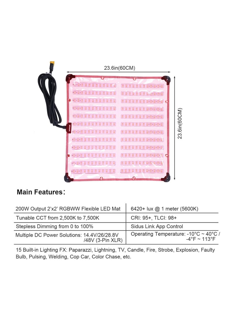 Aputure Amaran F22c 200W RGBWW Flexible LED Mat with Honeycomb Grid CRI 95+ CCT 2500K to 7500K Support Sidus Link App Control Built-in 15 Lighting FX