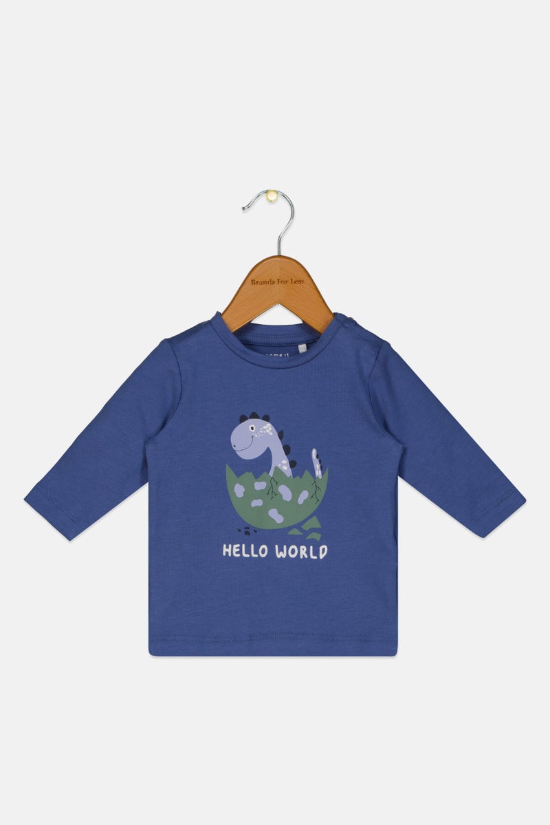 NAME IT تي شيرت جرافيك بأكمام طويلة للأولاد الصغار، أزرق رمادي - Image 1