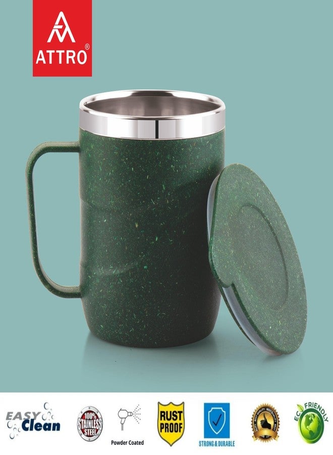 ATTRO كوب ATTRO Brew - مصنوع من الفولاذ المقاوم للصدأ من الداخل، وهيكل خارجي صديق للبيئة. كوب أنيق ومتين وآمن للاستخدام في الميكروويف، مناسب للقهوة والشاي، مزود بمقبض وغطاء. مثالي للاستخدام في المنزل والمكتب والسفر وكهدية. سعة 300 مل - لون أخضر عسكري. - Image 3