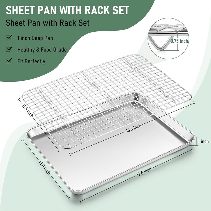 Homikit Half Baking Sheet with Wire Rack (1 Pan+1 Rack), 18" x 13" Stainless Steel Cookie Sheet Pan with Grid Cooling Rack Set for Baking, Large Bacon Tray for Oven Cooking Roasting, Dishwasher Safe - Image 2