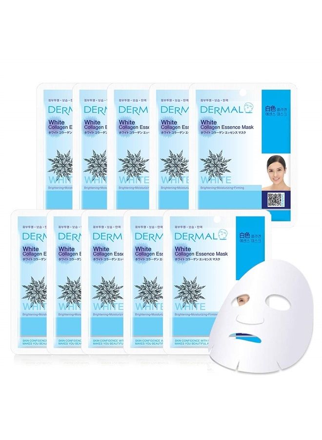 DERMAL White Collagen Essence Full Face Facial Mask Sheet 23g Pack of 10 - Image 1