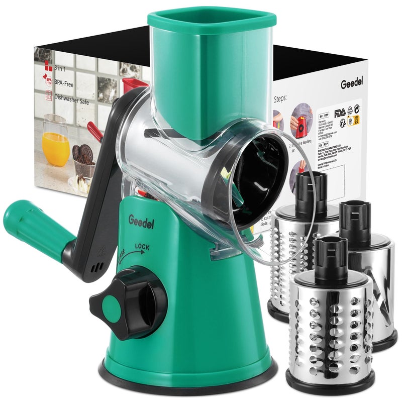 Geedel Rotary Cheese Grater Kitchen Mandoline Vegetable Slicer with 3 Interchangeable Blades Easy to Clean Rotary Grater Slicer for Cheese Vegetables Nuts - Image 2