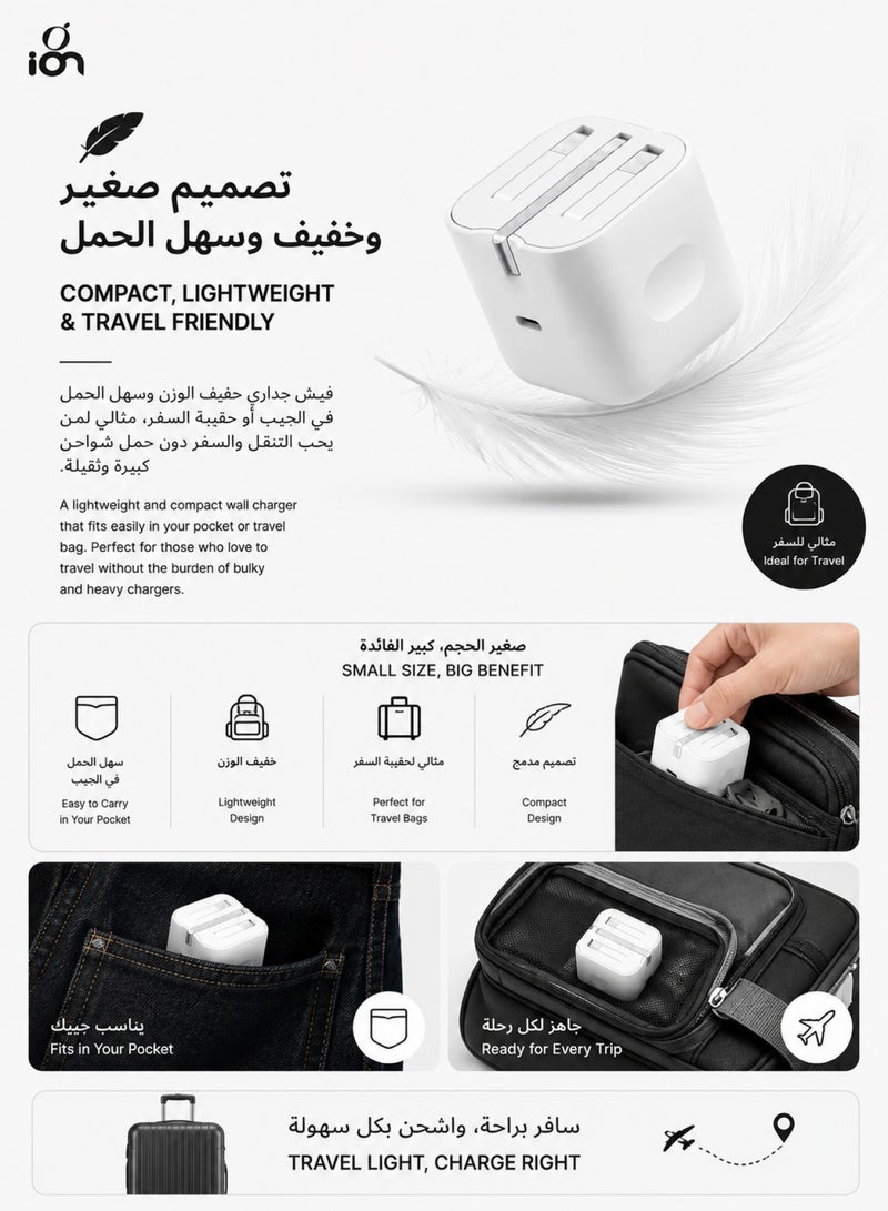 ION 40W Type C charger. adapter type c supporting PD fast charging. fast charger type c with advanced overvoltage protection. Foldable and portable adapter charger. Mobile charger compatible with iPhones, Samsung, Huawei, Xiaomi, and many other devices. - Image 5