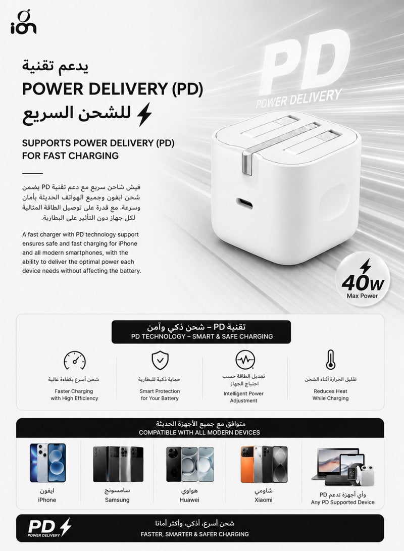 ION 40W Type C charger. adapter type c supporting PD fast charging. fast charger type c with advanced overvoltage protection. Foldable and portable adapter charger. Mobile charger compatible with iPhones, Samsung, Huawei, Xiaomi, and many other devices. - Image 3