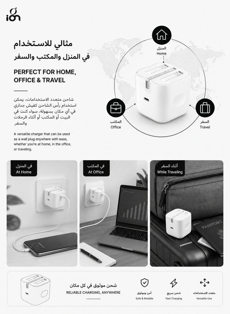 ION 40W Type C charger. adapter type c supporting PD fast charging. fast charger type c with advanced overvoltage protection. Foldable and portable adapter charger. Mobile charger compatible with iPhones, Samsung, Huawei, Xiaomi, and many other devices. - Image 4