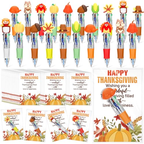 Sayglossy 50 Sets Thanksgiving Gifts Bulk Include 4in1 Pen Multicolor Pen Cute Autumn Pumpkin Maple Greeting Card Thanksgiving Party Favor Fall Gifts for Reward Employee Coworker - Image 1