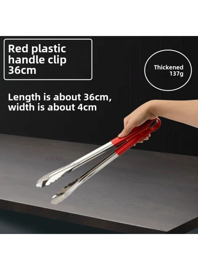 Thickened Stainless Steel Food Tongs Bread Tongs Barbecue Tongs Buffet Tongs Lotus Tongs Steak Tongs Barbecue Supplies-Color:Red Plastic Handle Clip 14inch (36CM)  - Image 1