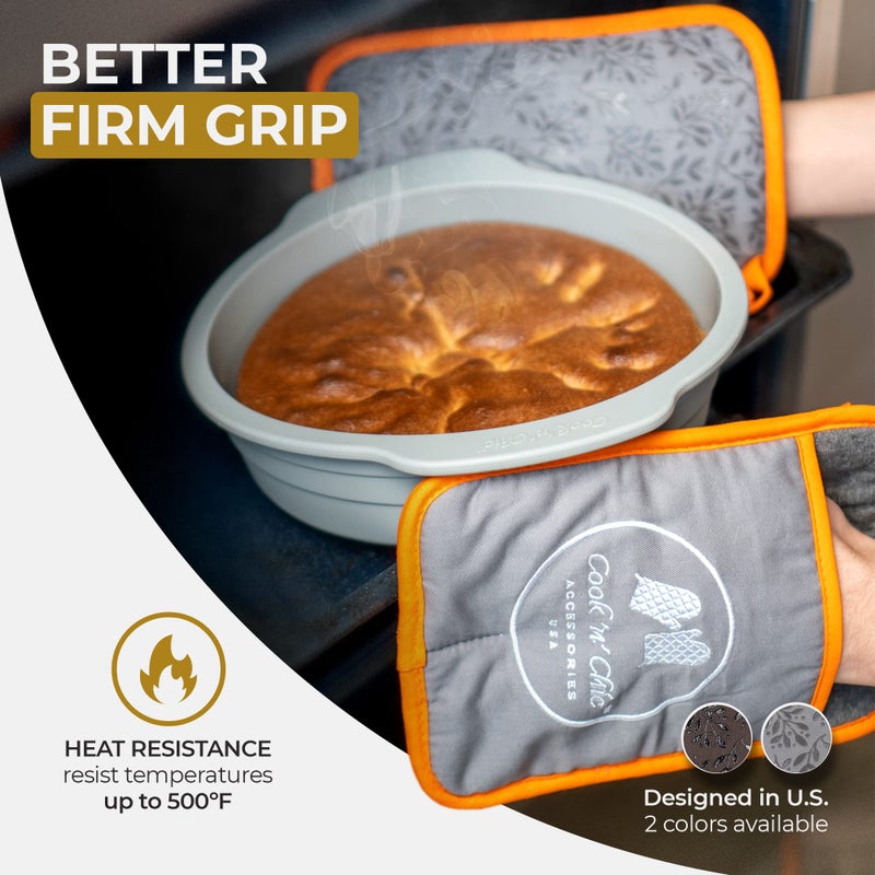 COOK 'N' CHIC Premium Pot Holders - Heat Resistant - Non Slip Textured Silicone Grip - Washable Mittens for Cooking Baking - Flexible Soft Terry Cloth Cotton Lining - Set of 2 by Cook'n'Chic  - Image 2