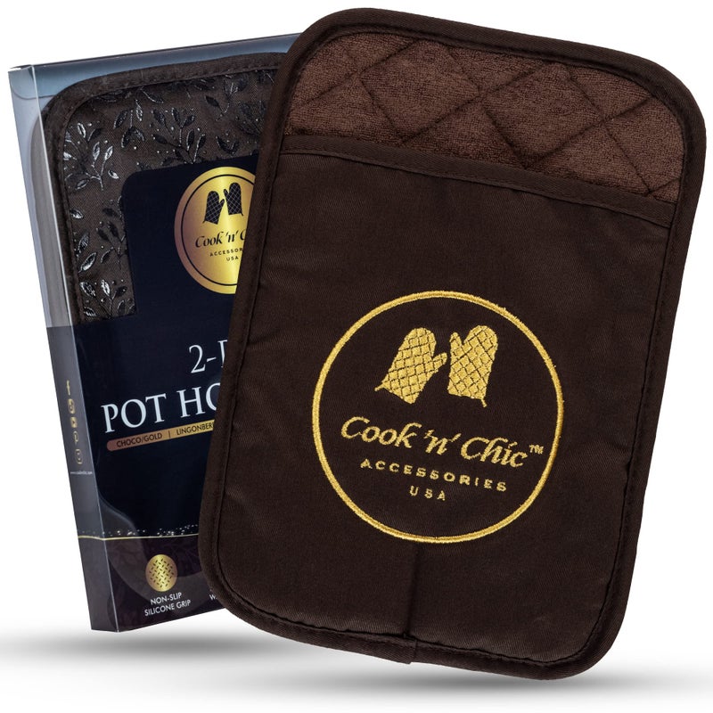 COOK 'N' CHIC Premium Pot Holders - Heat Resistant - Non Slip Textured Silicone Grip - Washable Mittens for Cooking Baking - Flexible Soft Terry Cloth Cotton Lining - Set of 2 by Cook'n'Chic  - Image 1