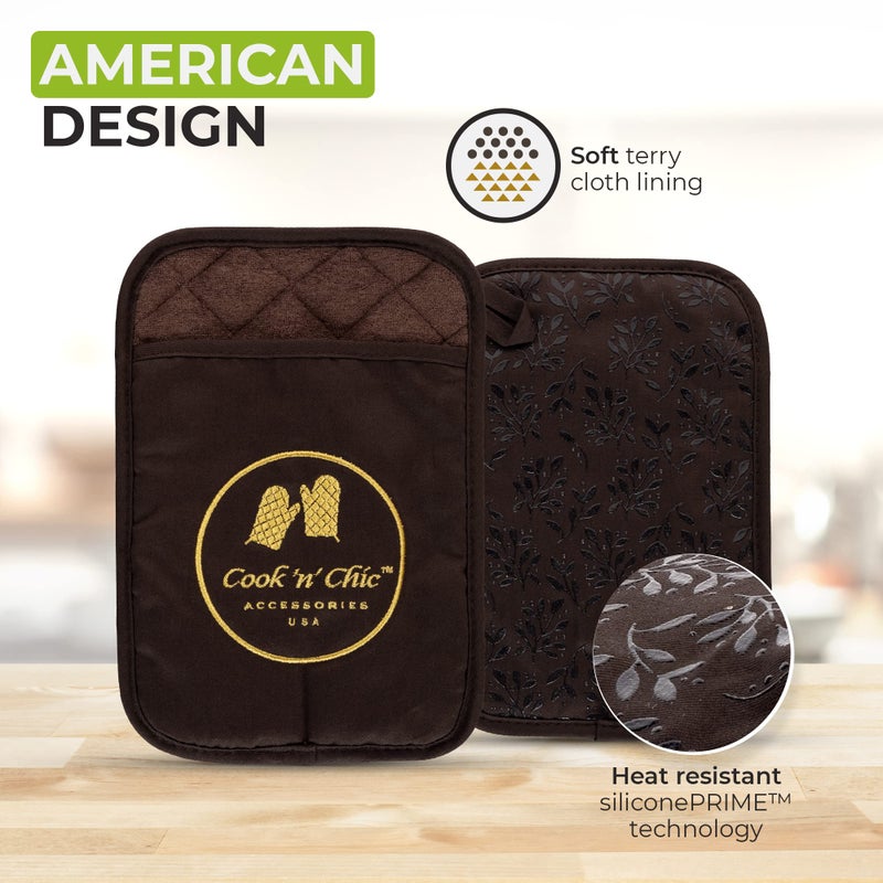 COOK 'N' CHIC Premium Pot Holders - Heat Resistant - Non Slip Textured Silicone Grip - Washable Mittens for Cooking Baking - Flexible Soft Terry Cloth Cotton Lining - Set of 2 by Cook'n'Chic  - Image 3