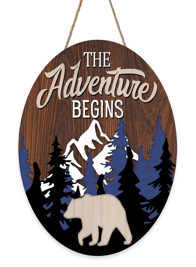 Bolisom Camper The Adventure Begin Front Door Sign, Camping Bear Woodland Mountain Cabin Wood Hanger Outdoor Outside Home Decor, Farmhouse Rustic Forest Wooden Wreath Indoor Wall Hanging Decoration - Image 1