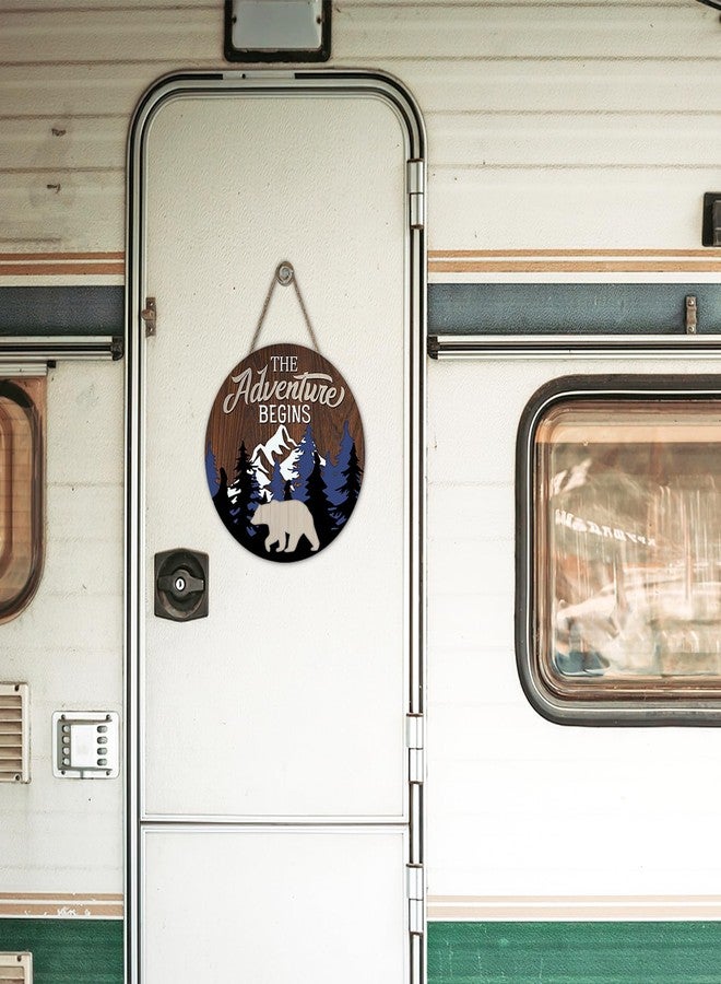 Bolisom Camper The Adventure Begin Front Door Sign, Camping Bear Woodland Mountain Cabin Wood Hanger Outdoor Outside Home Decor, Farmhouse Rustic Forest Wooden Wreath Indoor Wall Hanging Decoration - Image 4