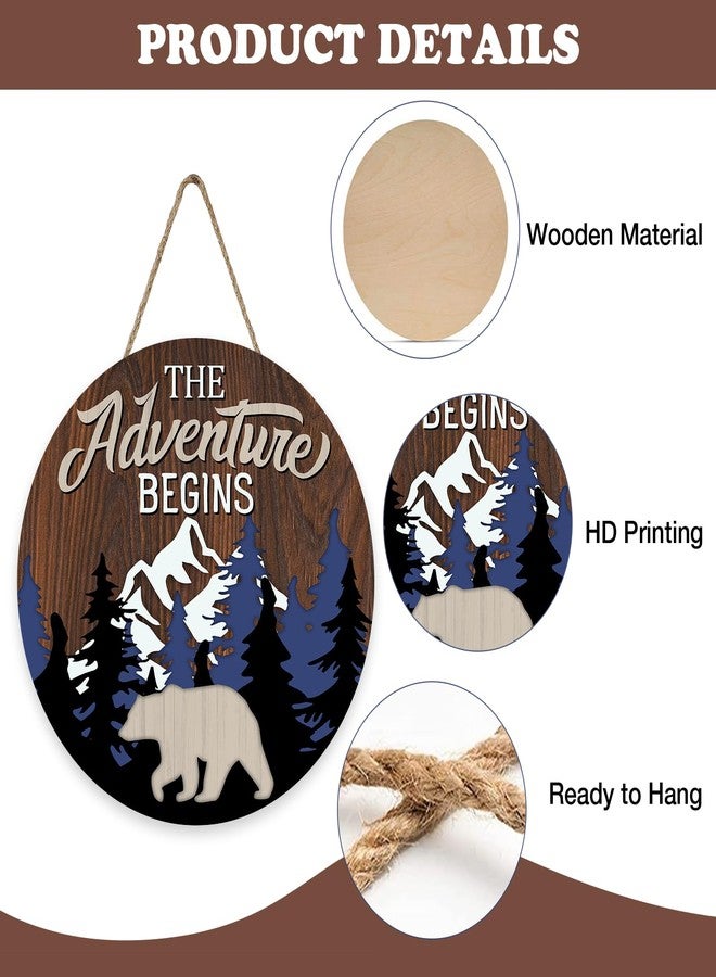 Bolisom Camper The Adventure Begin Front Door Sign, Camping Bear Woodland Mountain Cabin Wood Hanger Outdoor Outside Home Decor, Farmhouse Rustic Forest Wooden Wreath Indoor Wall Hanging Decoration - Image 3