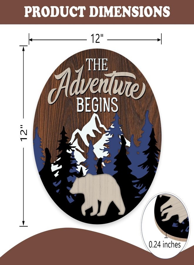 Bolisom Camper The Adventure Begin Front Door Sign, Camping Bear Woodland Mountain Cabin Wood Hanger Outdoor Outside Home Decor, Farmhouse Rustic Forest Wooden Wreath Indoor Wall Hanging Decoration - Image 2