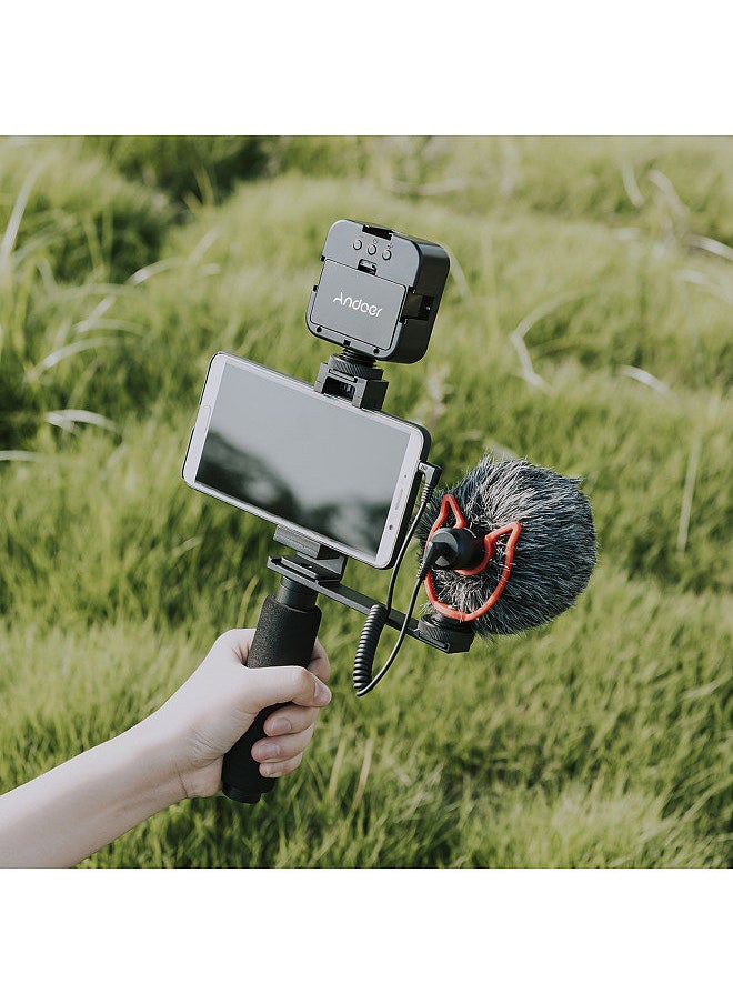 ANDOER - Smartphone Vlogging Hand Grip Mobile Phone Video Recording Holder Handle Stabilizer Cellphone Clamp 40mm-85mm Width with Microphone and Mini LED Light - Image 1