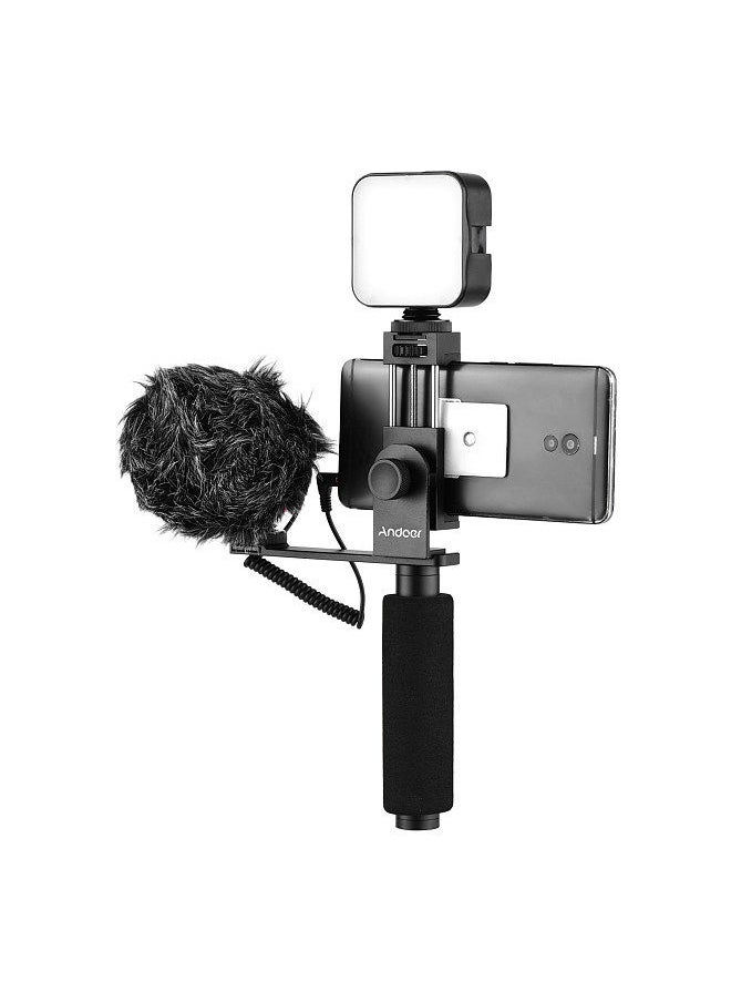 ANDOER - Smartphone Vlogging Hand Grip Mobile Phone Video Recording Holder Handle Stabilizer Cellphone Clamp 40mm-85mm Width with Microphone and Mini LED Light - Image 1