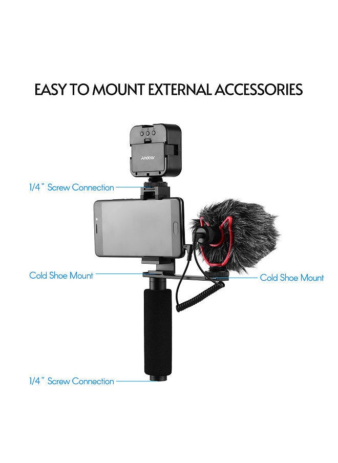 ANDOER - Smartphone Vlogging Hand Grip Mobile Phone Video Recording Holder Handle Stabilizer Cellphone Clamp 40mm-85mm Width with Microphone and Mini LED Light - Image 1