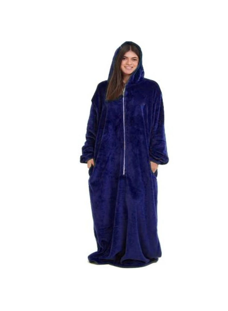 Unisex Long Hooded Fur Robe with Front Zipper and Pockets - Navy Blue - Image 2