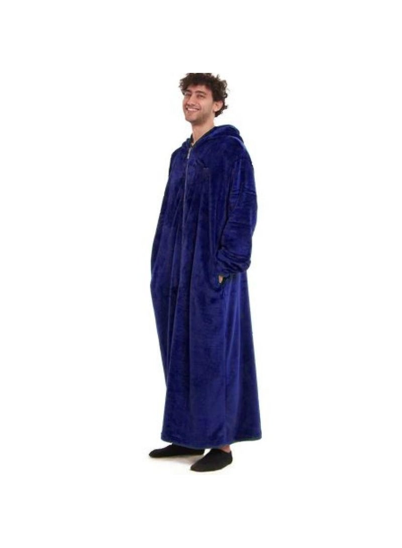 Unisex Long Hooded Fur Robe with Front Zipper and Pockets - Navy Blue - Image 1