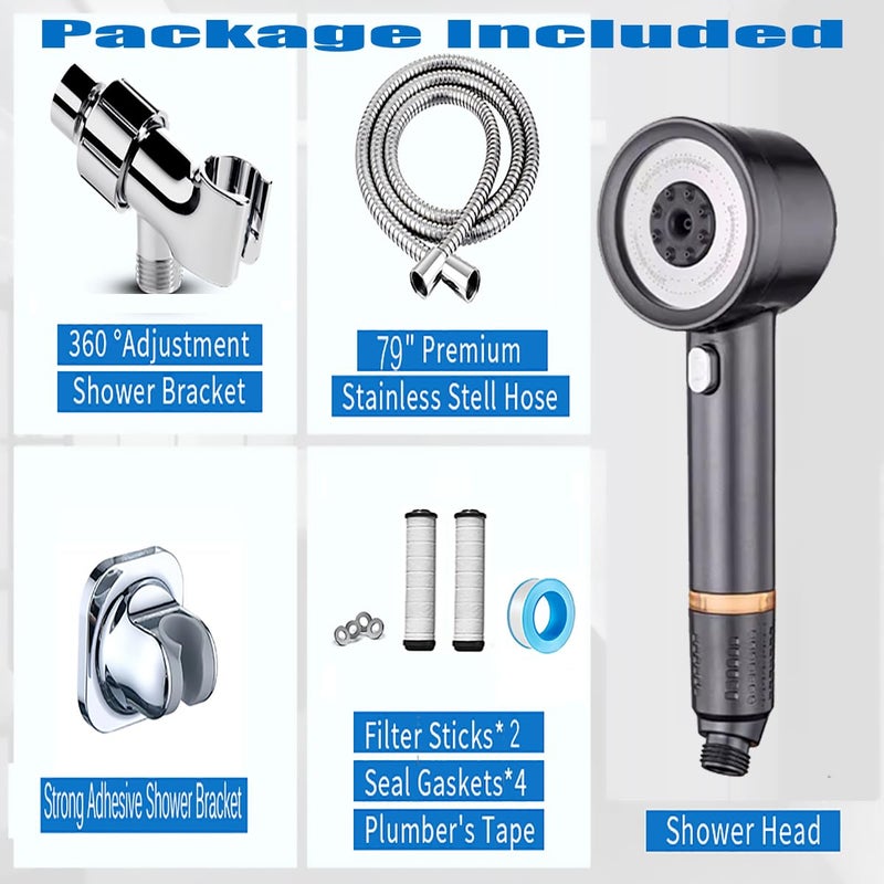 xianshengle Shower Head with Handheld, High Pressure Shower HeadS with Pause Switch 4 Spray Modes Filter Showerhead with 79 in Hose, Adhesive Wall Mountï¼ŒBracket and Replace Filter (Grey) - Image 5