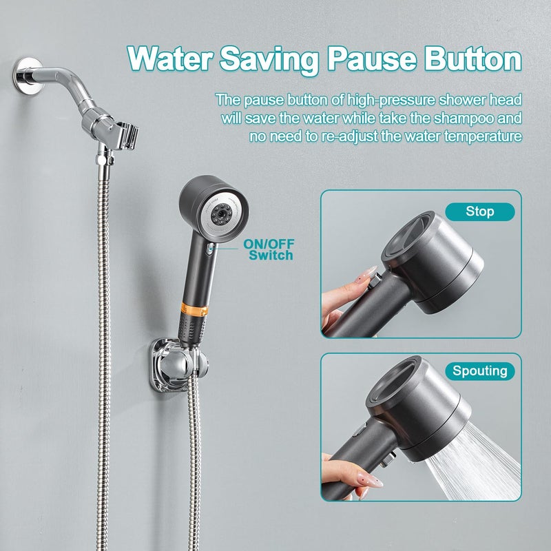 xianshengle Shower Head with Handheld, High Pressure Shower HeadS with Pause Switch 4 Spray Modes Filter Showerhead with 79 in Hose, Adhesive Wall Mountï¼ŒBracket and Replace Filter (Grey) - Image 4