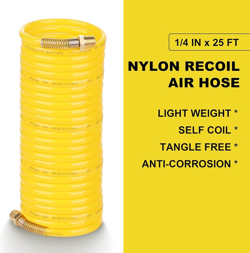 JOROY 14 Inch 25 Ft Recoil Nylon Air Hose 14 Inch MNPT Brass Air Compressor Accessories Fitting Lightweight Yellow Nylon Compressor Hose - Image 2