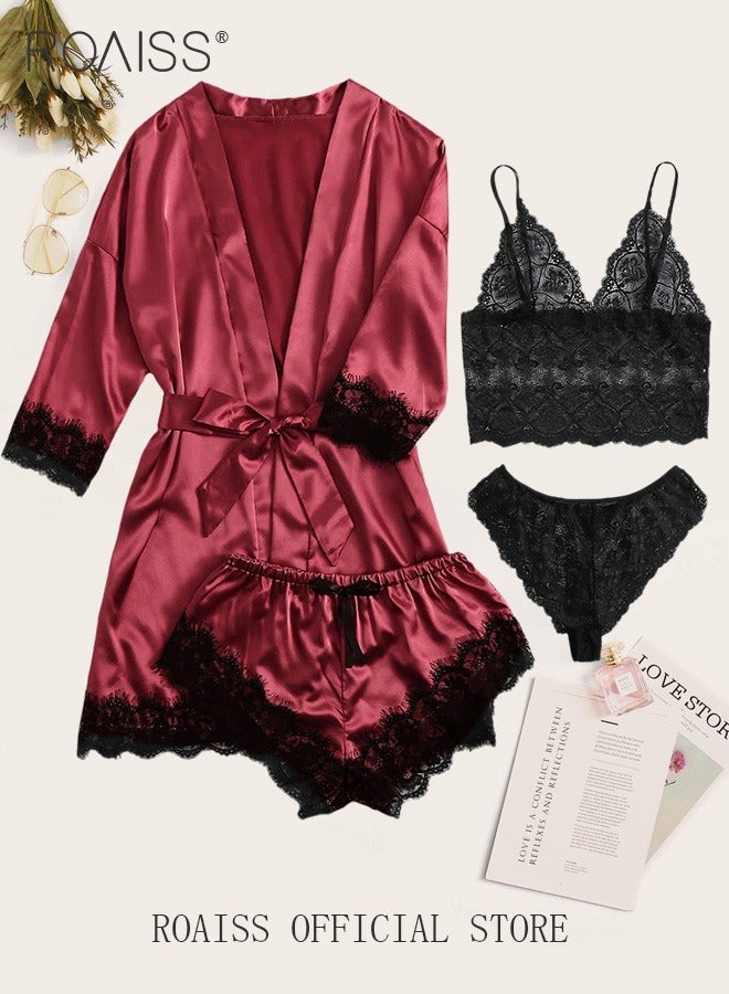 4 Pack Women's Nightwear Set Lace Trimmed Lightweight Silk Satin Sleepwear Pajama Ladies Summer Breathable Home Wearing Clothes Suits (Underwear + Panties + Robe + Shorts) Red and Black