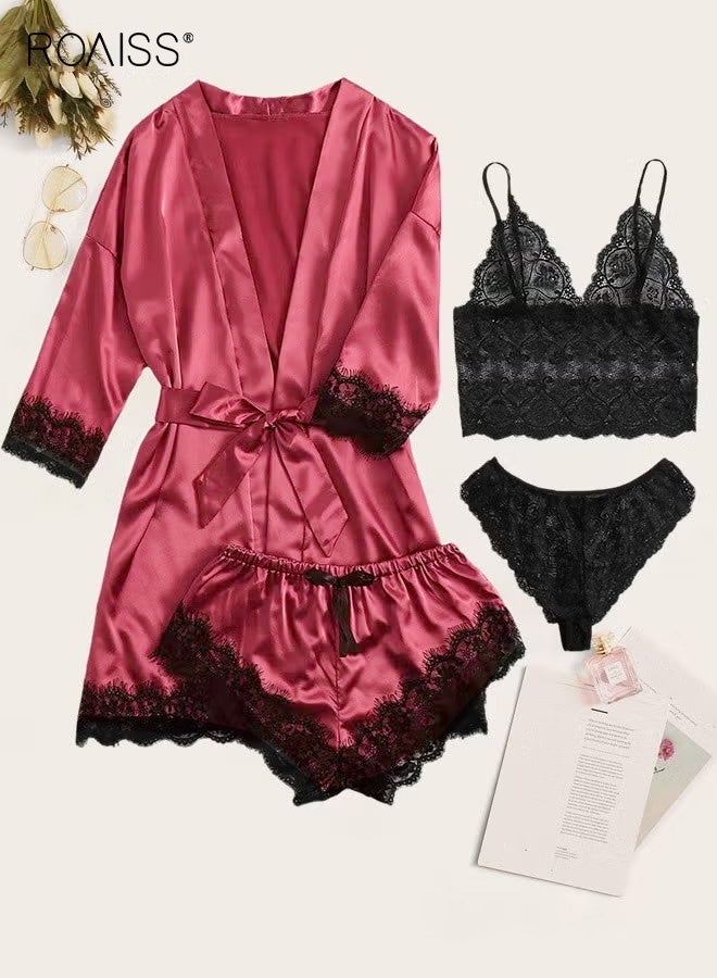 roaiss 4 Pack Women's Nightwear Set, Lace Trimmed Lightweight Silk Satin Sleepwear Pajama, Ladies Summer Breathable Homewear Clothes Suits (Underwear + Panties + Robe + Shorts), Red & Black - Image 1