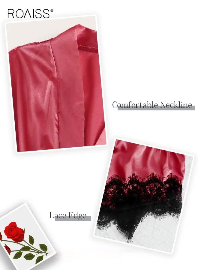 roaiss 4 Pack Women's Nightwear Set, Lace Trimmed Lightweight Silk Satin Sleepwear Pajama, Ladies Summer Breathable Homewear Clothes Suits (Underwear + Panties + Robe + Shorts), Red & Black - Image 4