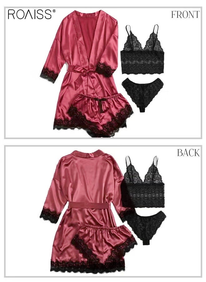 roaiss 4 Pack Women's Nightwear Set, Lace Trimmed Lightweight Silk Satin Sleepwear Pajama, Ladies Summer Breathable Homewear Clothes Suits (Underwear + Panties + Robe + Shorts), Red & Black - Image 2