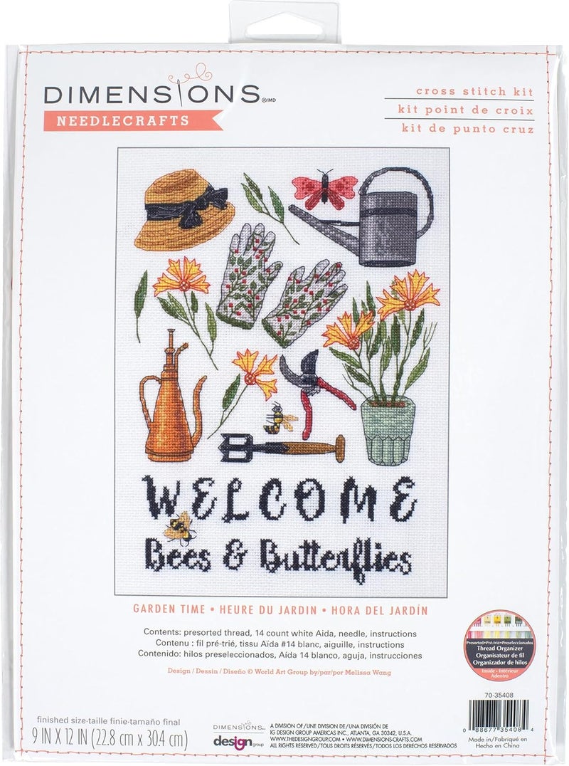 Dimensions 70-35408 Welcome Bees and Butterflies Garden Counted Cross Stitch Set, 14 Cnt. White Aida, 9" x 12" - Image 1