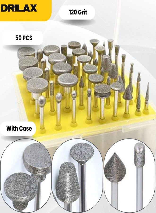 Drilax 50 Pieces Diamond Rotary Tool Bits Precision Stone Carving Tools 120 Grit Rock Carving Tools for Stones Rock Engraving Bits Compatible with Dremel Engraving Bits - Image 2