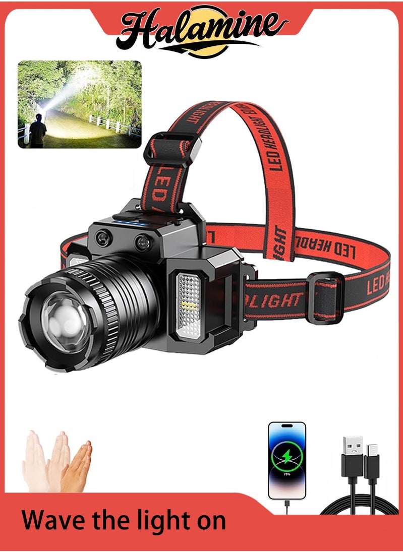 Halamine LED Headlamp, Rechargeable Head Light, 360° Adjustable Angle Headlight with 5 Modes ，Waterproof, Motion Sensor, Headlight for Fishing, Camping, Hiking  - Image 1