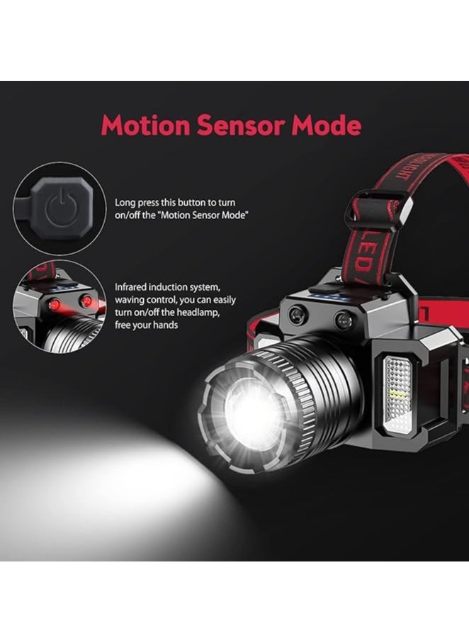 LED Headlamp, Rechargeable Head Light, 360° Adjustable Angle Headlight with 5 Modes ，Waterproof, Motion Sensor, Headlight for Fishing, Camping, Hiking