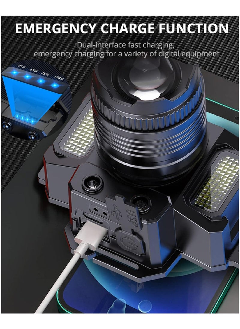 LED Headlamp, Rechargeable Head Light, 360° Adjustable Angle Headlight with 5 Modes ，Waterproof, Motion Sensor, Headlight for Fishing, Camping, Hiking