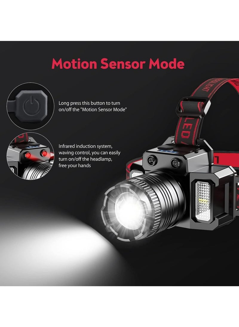 LED Headlamp, Rechargeable Head Light, 360° Adjustable Angle Headlight with 5 Modes ，Waterproof, Motion Sensor, Headlight for Fishing, Camping, Hiking