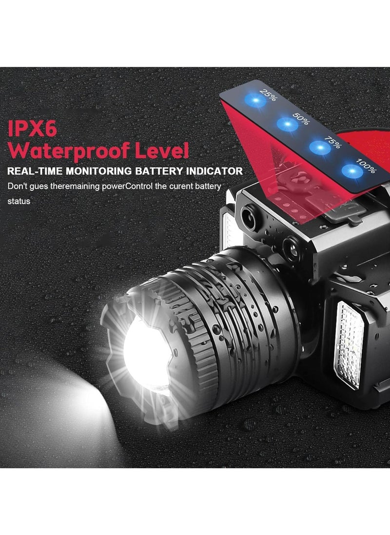 LED Headlamp, Rechargeable Head Light, 360° Adjustable Angle Headlight with 5 Modes ，Waterproof, Motion Sensor, Headlight for Fishing, Camping, Hiking