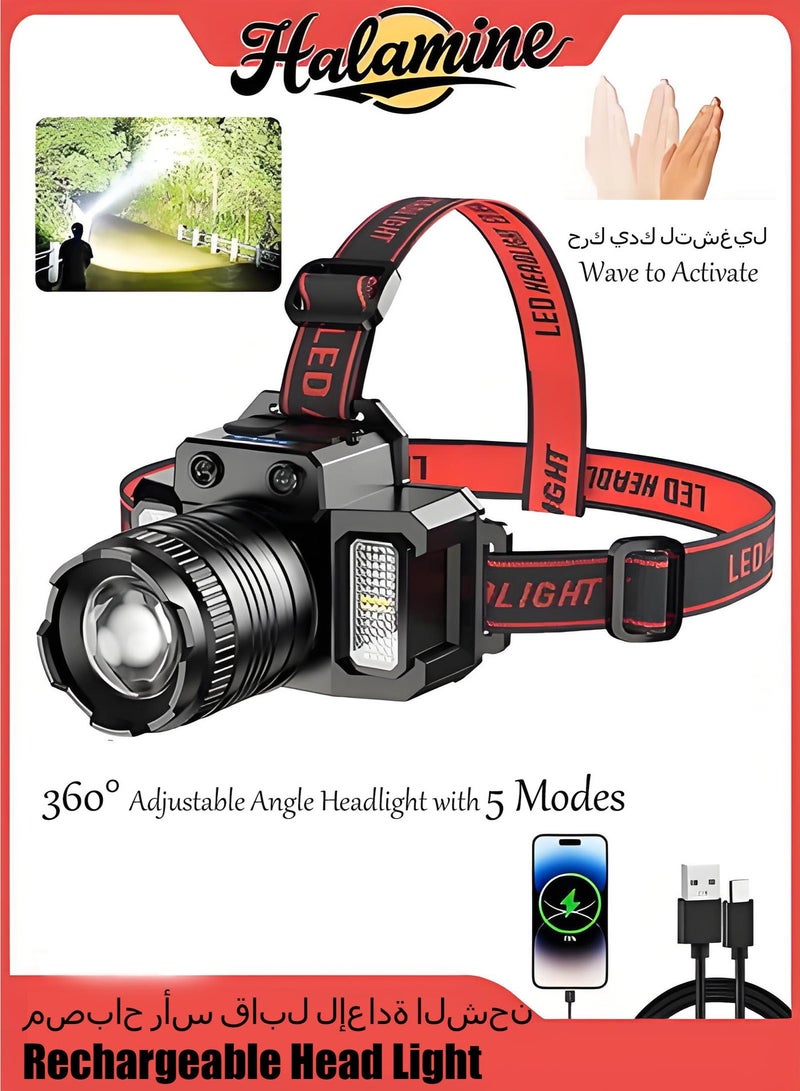 Halamine LED Headlamp, Rechargeable Head Light, 360° Adjustable Angle Headlight with 5 Modes ，Waterproof, Motion Sensor, Headlight for Fishing, Camping, Hiking - Image 1