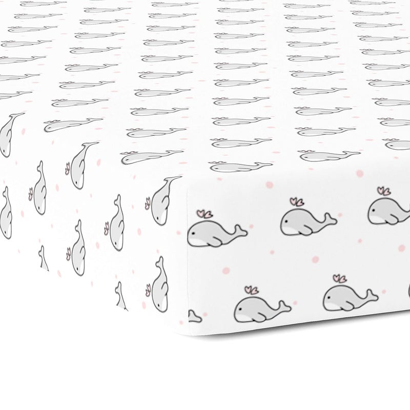 The White Cradle Cotton Baby Crib Fitted Bed Sheets for Cot Organic Twill Fabric Baby Bedding for New Born Infants Toddlers 48x24 Pack of 1 The White Cradle Grey Whale with Pink Dots  - Image 1